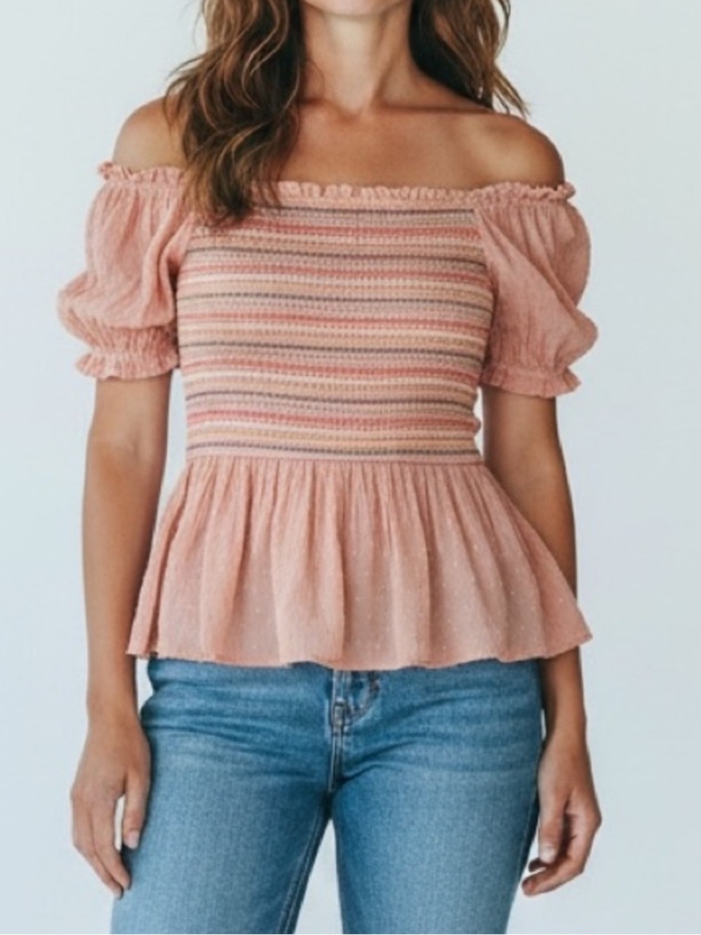 NEW Promesa Smocked Peach Swiss Dot Colorful Blouse Top Women’s Boutique Boho
